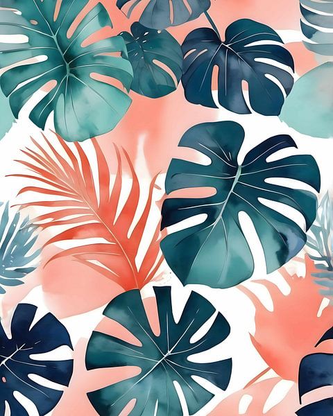 Feuilles de monstera sarcelle et corail par Kintsugi99 