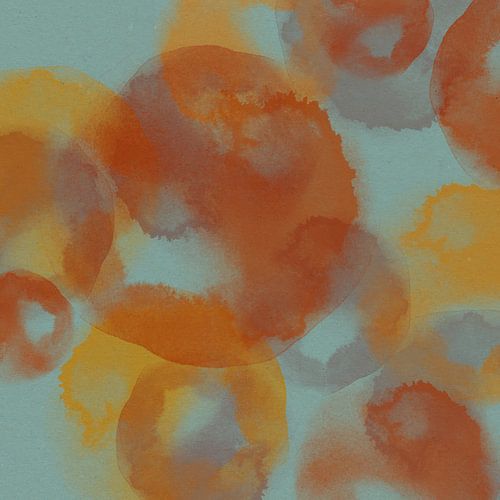 Abstracte aquarelvormen in terra, geel en lichtblauw.