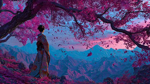 Japanese art  landscape Geisha