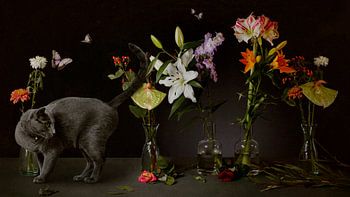 Feesttafel met zwarte kat en bloemen