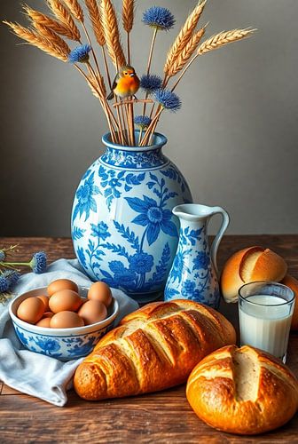 Delfts blauwe vaas stilleven met brood, eieren en vogel