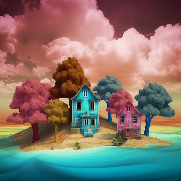 Stadtlandschaft Häuser pastell märchenhaft verträumt Bäume von gm_designs