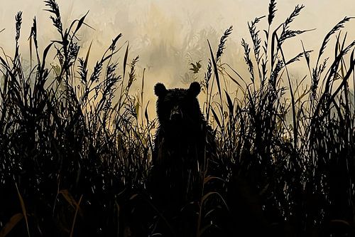 Beer in gras met mist