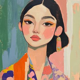 Gouache fashion portrait Asian lady by Kunstkabinet