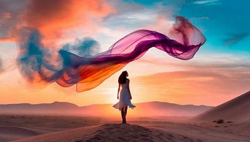 Woman with coloured silk in the desert by Mustafa Kurnaz