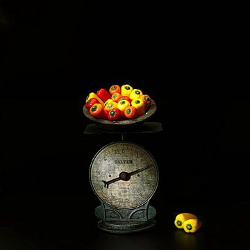 Still life with antique scales and colourful peppers. by Saskia Dingemans Awarded Photographer