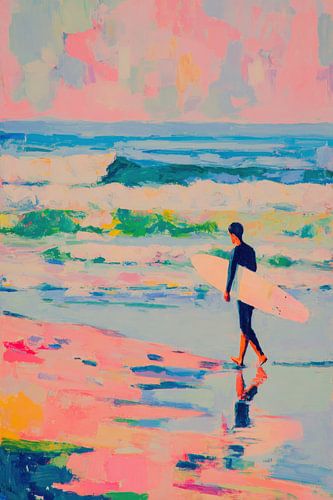 Surfers op het strand in pastelkleuren