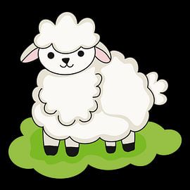 Cute cartoon sheep with fluffy white wool standing on green grass. by riz_studio