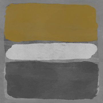 Modern abstract expressionisme. Geel, wit en donkergrijs op grijs.