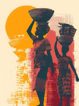 Afrikanische Frauen mit Körben bei Sonnenuntergang