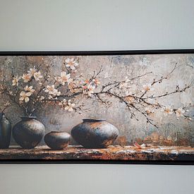 Klantfoto: Japandi Bloemstilleven | Whispering Petal Harmony van Kunst Kriebels, op canvas