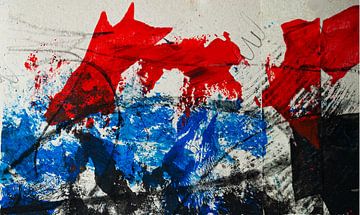 Abstracte muurschildering in rood, blauw en zwart van Klaus Heidecker