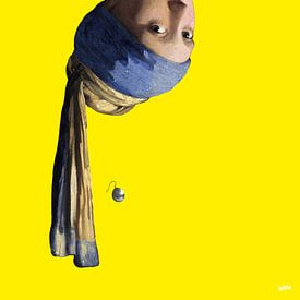 Vermeer Mädchen mit dem Perlenohrring auf den Kopf gestellt - Pop Art gelb von Miauw webshop