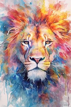 abstract kleurig aquarel van een leeuw. van Gelissen Artworks