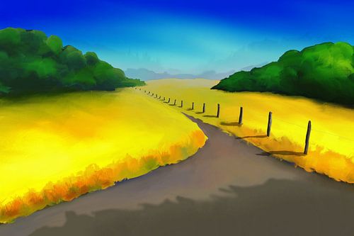 Landscape painting with a hiking path through the fields