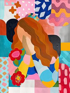 Peinture moderne Portrait de femme chuchotant derrière des fleurs