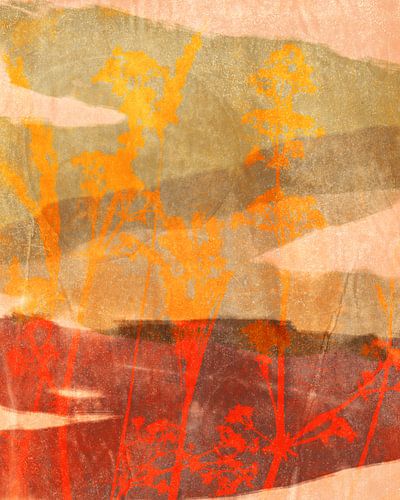 Modern abstract botanisch. Bloemen in geel, rood, beige.