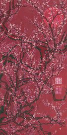 Japanischer Vintage-Druck. Pflaumenblüte bei Vollmond in Korallenrot von Studio Pieternel