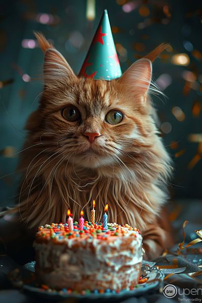 Lustige Katze Feiert Geburtstag mit Partyhut und Torte von Poster Art Shop