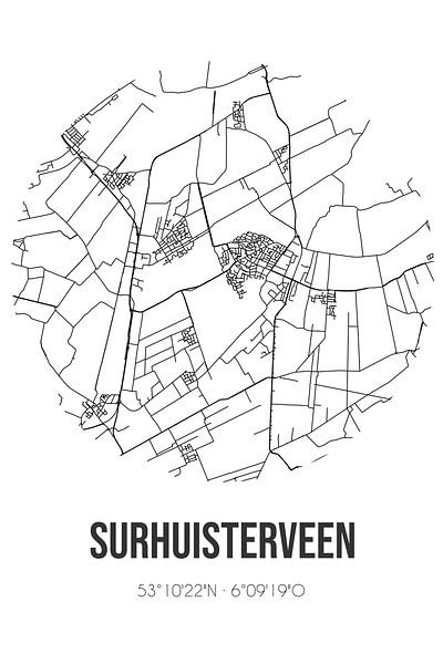 Surhuisterveen (Fryslan) | Map | Black and white by Prints of Place