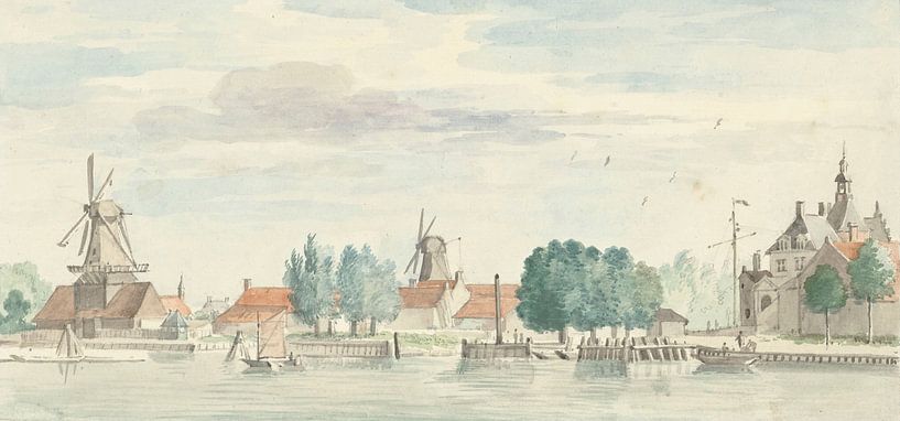 Gezicht op Dordrecht met de Rietdijkspoort en windmolens, Aert Schouman van Meesterlijcke Meesters