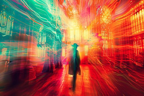 Bezoeker in gotische kerk | Psychedelische zoomuitbarsting