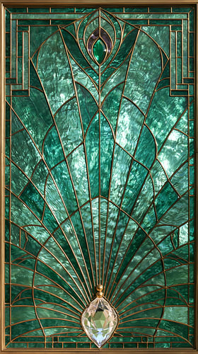 Smaragd Art Deco Glas-in-Lood Schilderij: Pauwenstaart met Gefacetteerd Kristal