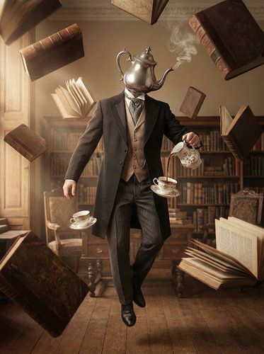 Surrealistische figuur met zwevend theepothoofd die thee schenkt in bibliotheek