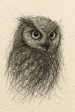 Draad portret van een uil (natuurlijke kleuren Boho stijl vogels nachtdier tekening)