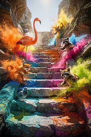 A burst of colour on the Stairs – playful animals and a flamingo in a surreal interplay of colours