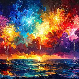 Silvester und abstraktes Feuerwerk: Ein leuchtendes Schauspiel über dem Ozean, wo Himmel, Wellen und der Moment des Neubeginns miteinander verschmelzen von AidasignArt