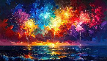 New Year's Eve and abstract fireworks: a luminous spectacle over the ocean, where sky, waves and the moment of new beginnings merge together