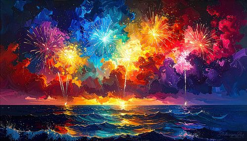 Oudejaarsavond en abstract vuurwerk: een lichtgevend spektakel boven de oceaan, waar lucht, golven en het moment van een nieuw begin samensmelten
