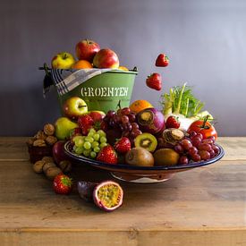 photo still life - modern horn of plenty - photo still life with bowl full of vegetables - square by Bianca Neeleman