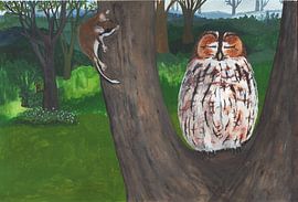 Eikelmuis ontmoet bosuil, gouache zoekplaat van Marjolijn de Winter