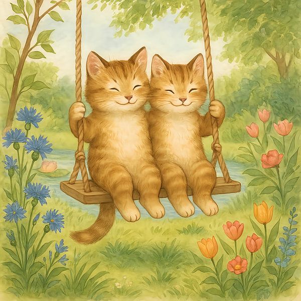 Twin Cats on the Swing – Cheerful Animals for the Nursery by Basahen