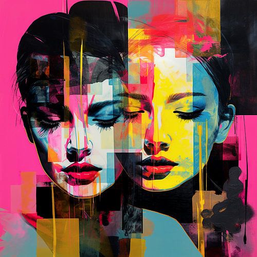 Abstraktes Bild von zwei Frauen mit einem rosa Hintergrund