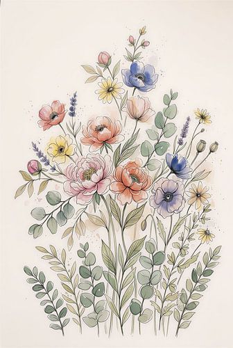 Bohemian Wildflower Bouquet Watercolor Botanical Art Print