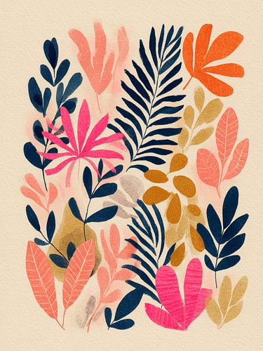 Botanisch Abstract Oranje Blauw en Roze