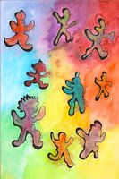 alle kleuren van de regenboog 10 aquarel van vrolijk dansende figuurtjes in line-art stijl