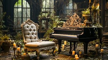 Vieux piano avec chaise dans une pièce abandonnée sur Animaflora PicsStock