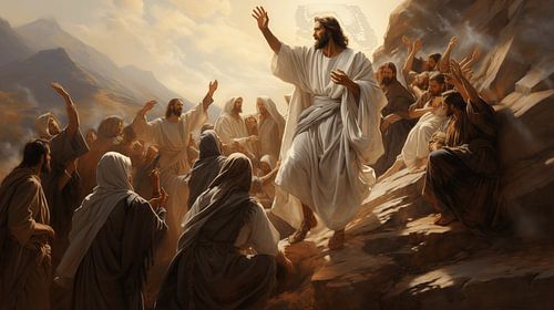 Schilderij van Jezus Christus in een wit gewaad, sprekend tot zijn discipelen. Aquarel kunstontwerp