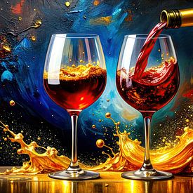 Vin rouge, bouteille de vin et verres à vin - Le moment exubérant de la mise en bouche entre or liquide, plénitude et mouvement sensuel sur AidasignArt