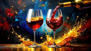 Red wine, wine bottle and wine glasses - the exuberant moment of pouring between liquid gold, fullness and sensual movement by AidasignArt