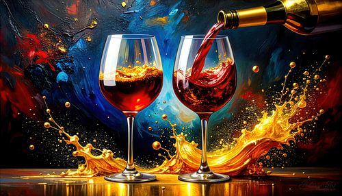 Rotwein, Weinflasche und Weingläser – Der überschäumende Moment des Einschenkens zwischen flüssigem Gold, Fülle und sinnlicher Bewegung von AidasignArt