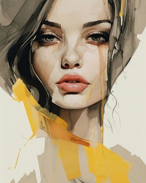 Modern en abstract portret in bruin en geel tinten. van Carla Van Iersel