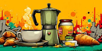 Een mokapot, dampende kop en croissants staan op een tafel