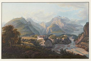 Uitzicht op kasteel Razuns, de berg Galanda en het Gunkels-bergpad, Johann Ludwig Bleuler