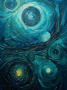 Kosmische wervelingen in turkoois en marineblauw van artefacti