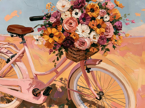 Vélo rose avec un panier à fleurs coloré